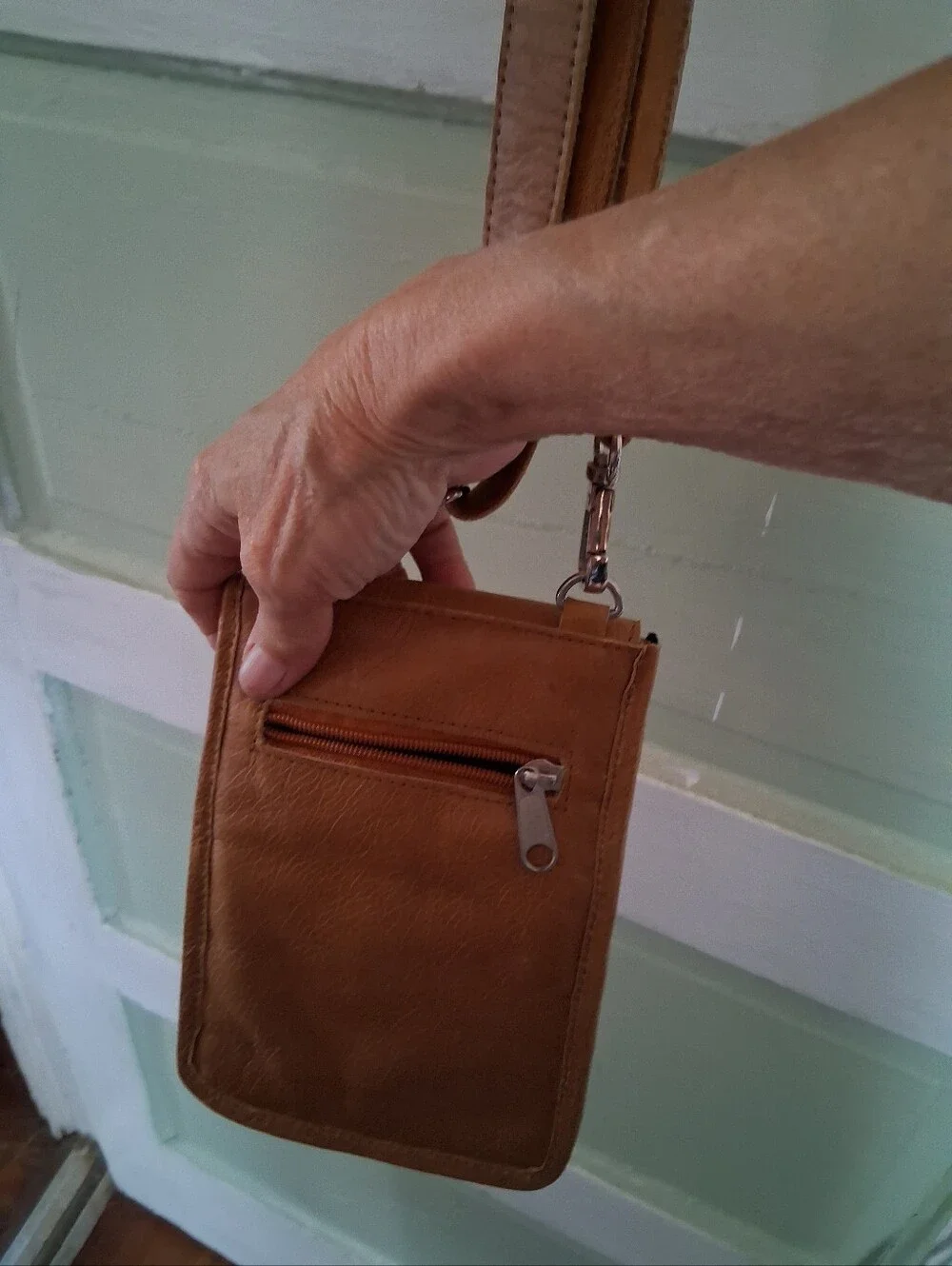 Tan Crossbody Bag with Black & Cream Woven Front